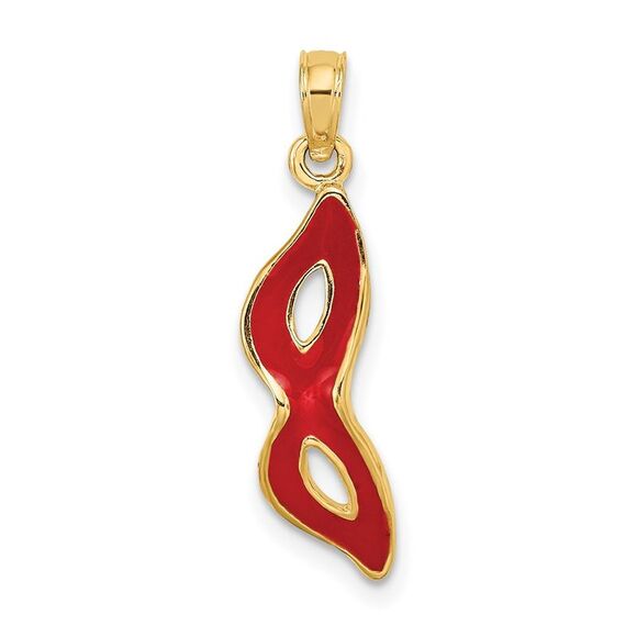 14k Yellow Gold 3-D & Beveled W/Red Enamel Masquerade Mask Pendant